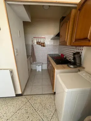 a small kitchen with a sink and a stove at L'Arbousier in Port-la-Nouvelle