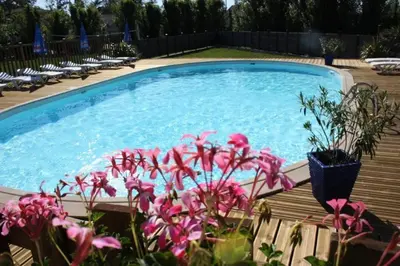 a swimming pool with pink flowers in front of it at Camping 3 étoiles - ccaaafd in Sorèze