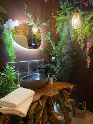 a bathroom with a stone sink and a mirror at Serengeti Safari Room in Sigean