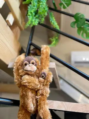a stuffed monkey is hanging from a plant at Serengeti Safari Room in Sigean