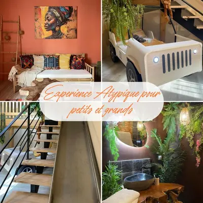 a collage of pictures of a room with a bed and a staircase at Serengeti Safari Room in Sigean