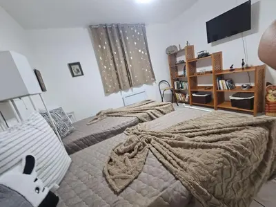 a bedroom with two beds and a tv in it at La Casa D'Eole YourHostHelper in Narbonne