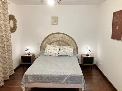 a bedroom with a large bed with two night stands at Maison avec vue sur le Lac de Montbel in Montbel