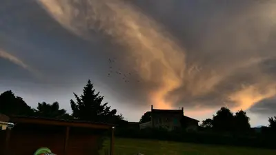 a group of birds flying under a cloudy sky at Maison avec vue sur le Lac de Montbel in Montbel