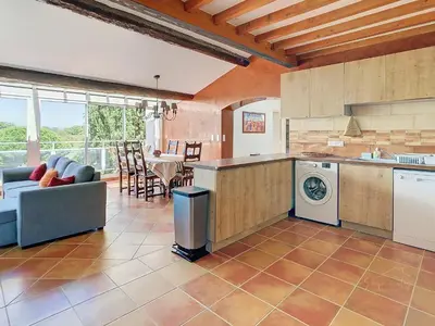 a kitchen and living room with a couch and a dishwasher at Le Héron Cendré - Appartement avec vue in La Redorte