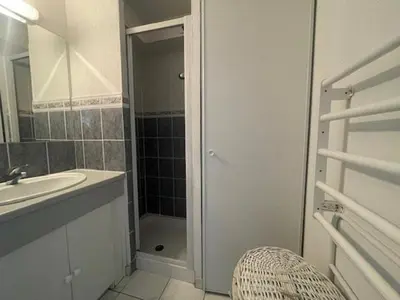 a bathroom with a shower and a sink and a mirror at 150 MARINA BAY CAP D'AGDE Quartier Falaises proche plage T2 cabine avec place de parking et piscine in Laure-Minervois