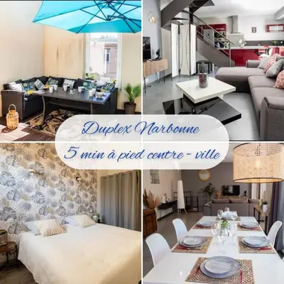 a collage of pictures of a living room with a couch and a table at Duplex moderne centre Narbonne in Narbonne