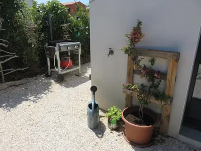 a patio with a grill and a potted plant at L'hibiscus in Narbonne