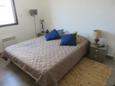 a bedroom with a large bed with blue pillows at L'hibiscus in Narbonne