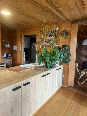 a kitchen with a counter with a plant on it at Cottage atypique avec piscine & accès au lac 6 personnes in Molleville