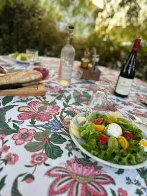 a table with a plate of salad and a bottle of wine at Cottage atypique avec piscine & accès au lac 6 personnes in Molleville