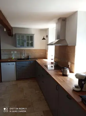 a kitchen with wooden counter tops and a sink at Maison Lauraguaise parking grand jardin wifi in Villenouvelle