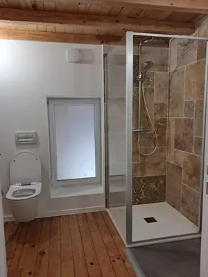 a bathroom with a shower and a toilet and a window at Maison Lauraguaise parking grand jardin wifi in Villenouvelle