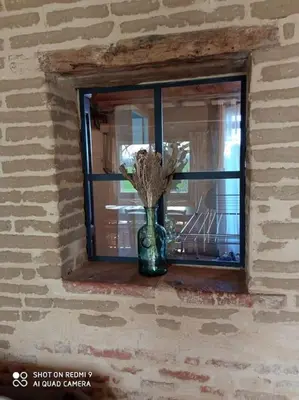 a vase of flowers sitting on a window sill at Maison Lauraguaise parking grand jardin wifi in Villenouvelle