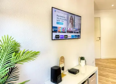 a flat screen tv on a wall in a room at Le Jardin de la Cathédrale - T2 - Centre Ville - Emplacement & Vue Extraordinaires in Narbonne