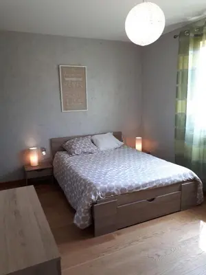 a bedroom with a bed and two lamps and a bed sidx sidx sidx at Gîte rural 8 à 10 personnes au coeur du Parc National du Haut Languedoc in Saint-Pons-de-Thomières