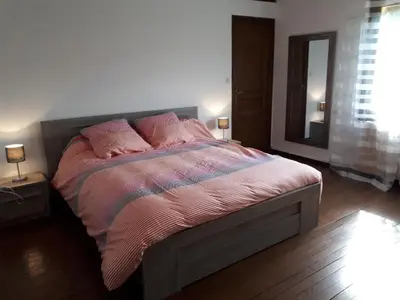 a bedroom with a bed with pink pillows and a mirror at Gîte rural 8 à 10 personnes au coeur du Parc National du Haut Languedoc in Saint-Pons-de-Thomières