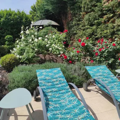 a couple of chairs and tables in a garden with flowers at Villa Angel - SPA in Caunes-Minervois