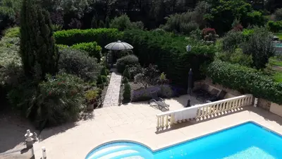 an overhead view of a swimming pool in a garden at Villa Angel - SPA in Caunes-Minervois