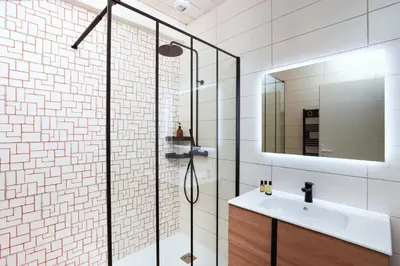 a bathroom with a shower and a sink and a mirror at L impasse d'Anaïs Free Parking in Carcassonne