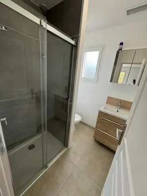 a bathroom with a shower and a sink at La Gourgotte in Ajac