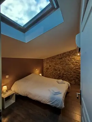 a bedroom with a large bed with a skylight at Chez Pauline & Vincent Côté Canal in Carcassonne