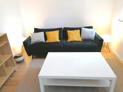 a living room with a black couch with yellow pillows at Gîte des Cisterciens 7 à 9 personnes in Lempaut