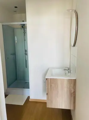 a bathroom with a sink and a glass shower at Studio Charles de Gaulle V in Castres