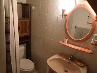 a bathroom with a sink and a mirror and a toilet at maison dans village rural in Saint-Louis-et-Parahou