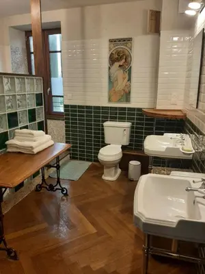 a bathroom with a toilet and a sink at Chambre Art Déco in Moux