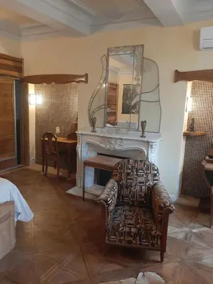a living room with a fireplace and a chair and a mirror at Chambre Art Déco in Moux