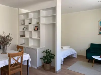 a living room with a table and a green couch at Hyper centre - Ecusson in Castres