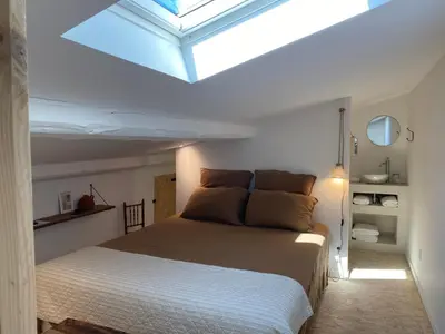 a bedroom with a large bed with a skylight at Joli appartement en ville in Revel