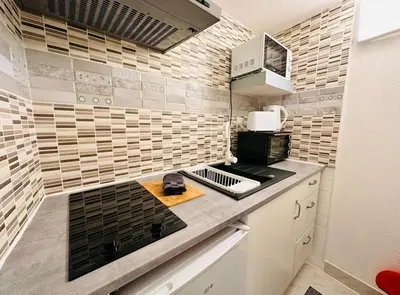 a kitchen with a stove and a counter top at La Bastide in Carcassonne