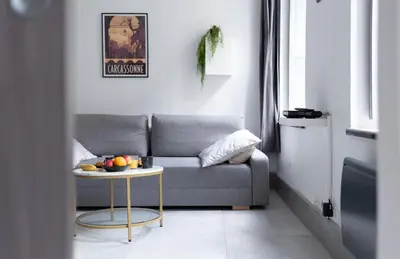 a living room with a couch and a table with fruit on it at Appartement central confortable et spacieux in Carcassonne