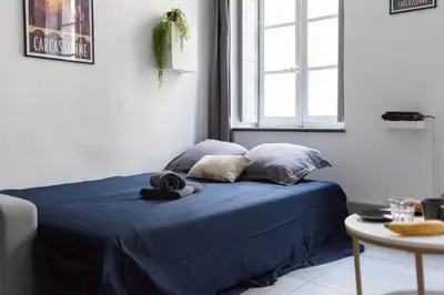 a bedroom with a bed with blue sheets and pillows at Appartement central confortable et spacieux in Carcassonne