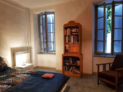 a bedroom with a book shelf and a bed at La maison des Chevaliers in Campagne-sur-Aude