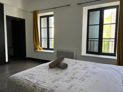 a bedroom with a bed and two windows at Le Bourgeois Grand T2 in Carcassone