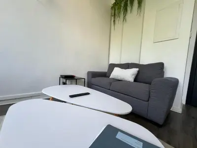 a living room with a couch and a table at Le Bourgeois Grand T2 in Carcassone