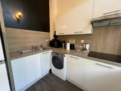 a kitchen with a washing machine and a sink at Le Bourgeois Grand T2 in Carcassone