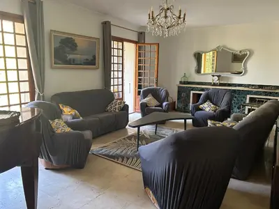 a living room with couches and chairs and a fireplace at Gîte les Mercieres la Villa Maison campagne grands espaces oasis de nature, convivialité, détente 5 Chambres piscine chauffée Wifi piano billard in Pexiora