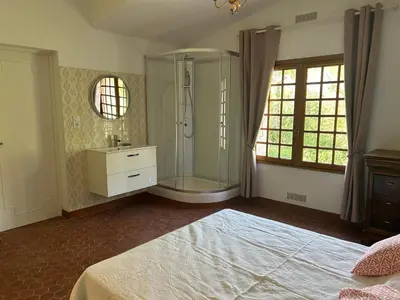 a bedroom with a shower and a bed and a sink at Gîte les Mercieres la Villa Maison campagne grands espaces oasis de nature, convivialité, détente 5 Chambres piscine chauffée Wifi piano billard in Pexiora