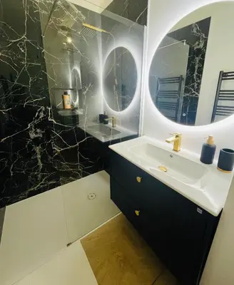 a bathroom with a sink and a mirror at Luxueux appartement cosy, hypercentre Castres in Castres