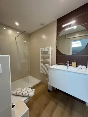 a bathroom with a sink and a shower and a mirror at Golden Duplex Chic - Centre-Clim-Parking in Narbonne