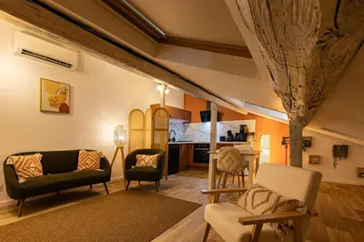 a living room with two couches and a kitchen at TerraCosy 2 personnes - Climatisé, Wifi, proche centre & restaurants in Narbonne