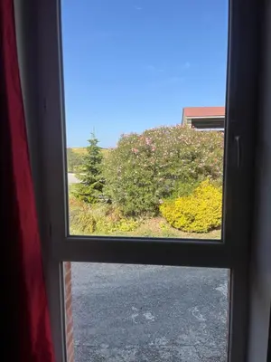 a view from a window of a yard with flowers at Gîte Appartement à la campagne in Lautrec