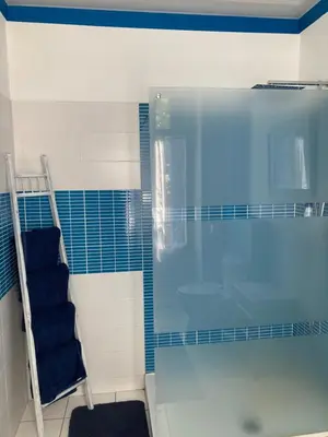 a shower with a glass door in a bathroom at La Villa Celine in Saint-Laurent-de-la-Cabrerisse