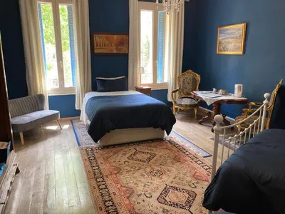 a bedroom with blue walls and a bed and a rug at La Villa Celine in Saint-Laurent-de-la-Cabrerisse