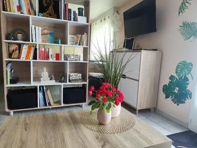 a living room with a table with flowers on it at Studio Goya climatisé et jardin 2 nuits minimum in Castres
