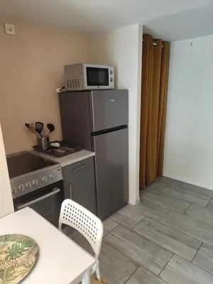a small kitchen with a refrigerator and a microwave at Studio Goya climatisé et jardin 2 nuits minimum in Castres